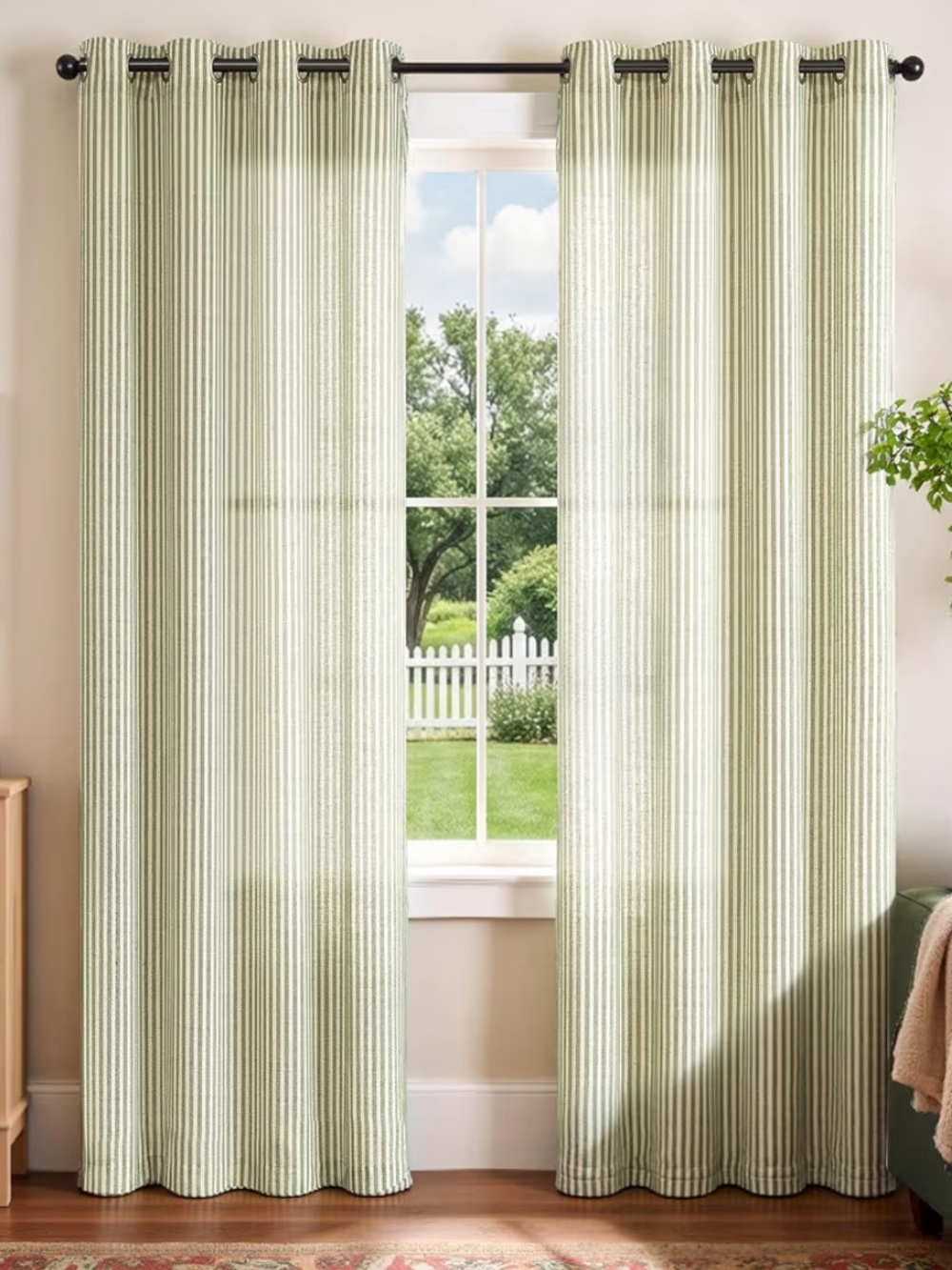 New! Striped sage/Light Green Grommet linen blend Window Curtains 2 panels
84x5